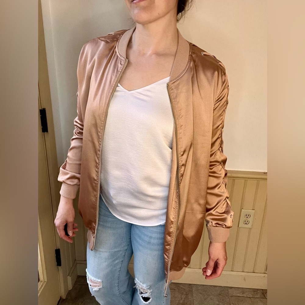 Carli Bybel Missguided Lace Up Arm Satin Long Bomber Jacket Tan Sz 8 Relaxed Fit - Picture 2 of 13